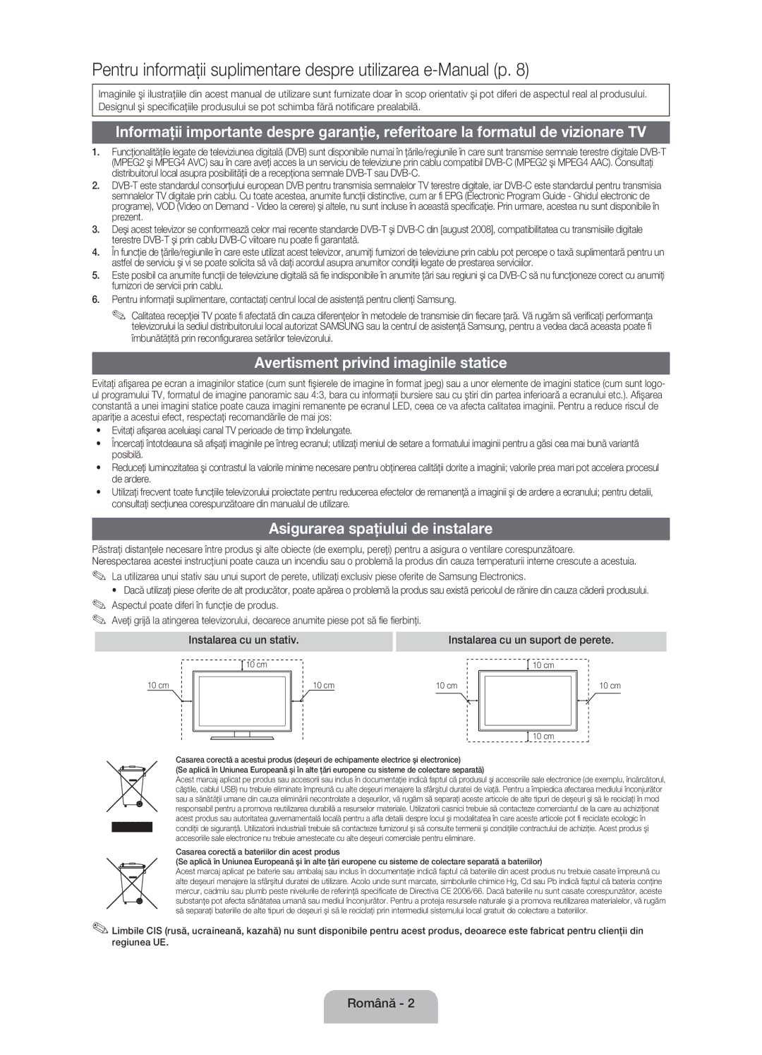 Samsung UE22ES5000WXBT Avertisment privind imaginile statice, Asigurarea spaţiului de instalare, Instalarea cu un stativ 