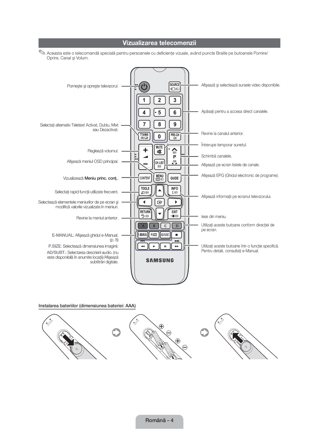 Samsung UE22ES5000WXXH, UE22ES5000WXZG manual Vizualizarea telecomenzii, Instalarea bateriilor dimensiunea bateriei AAA 