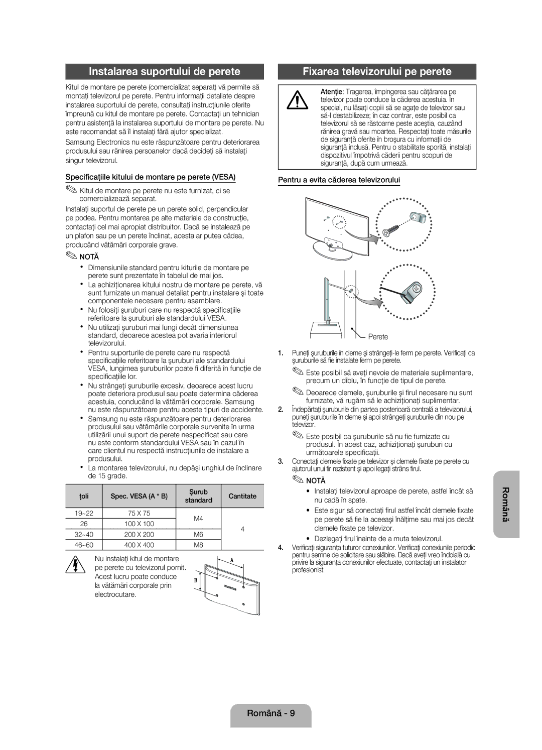 Samsung UE22ES5000WXZG, UE22ES5000WXXH, UE22ES5000WXBT Instalarea suportului de perete, Fixarea televizorului pe perete 