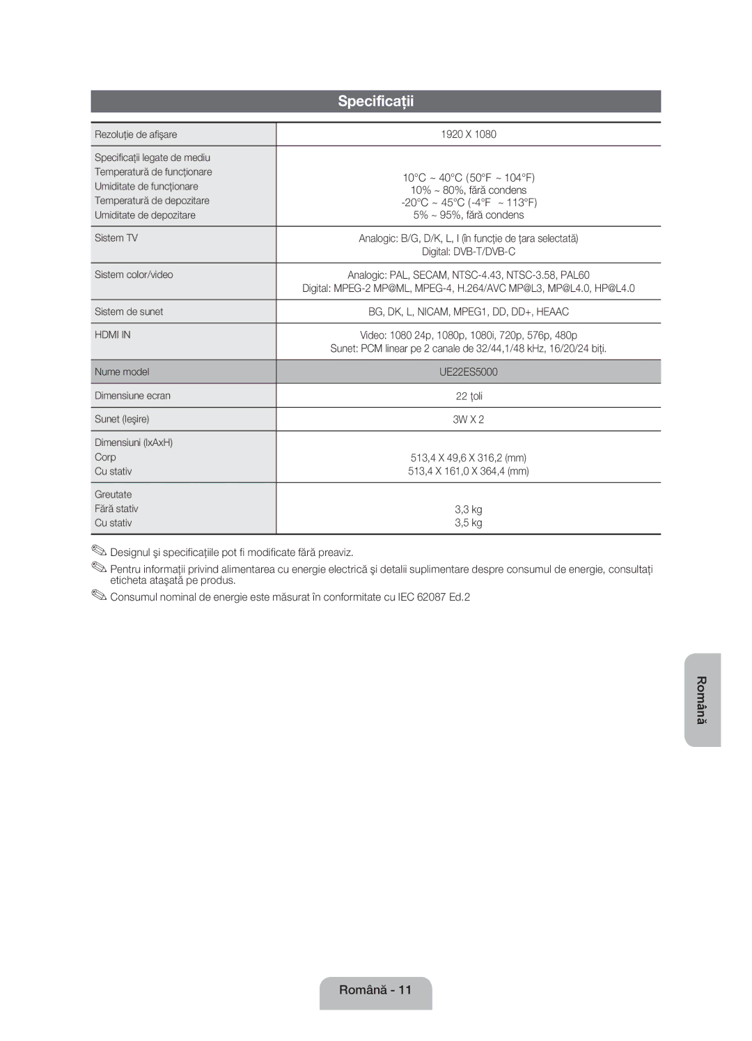 Samsung UE22ES5000WXBT, UE22ES5000WXZG, UE22ES5000WXXH manual Specificaţii 