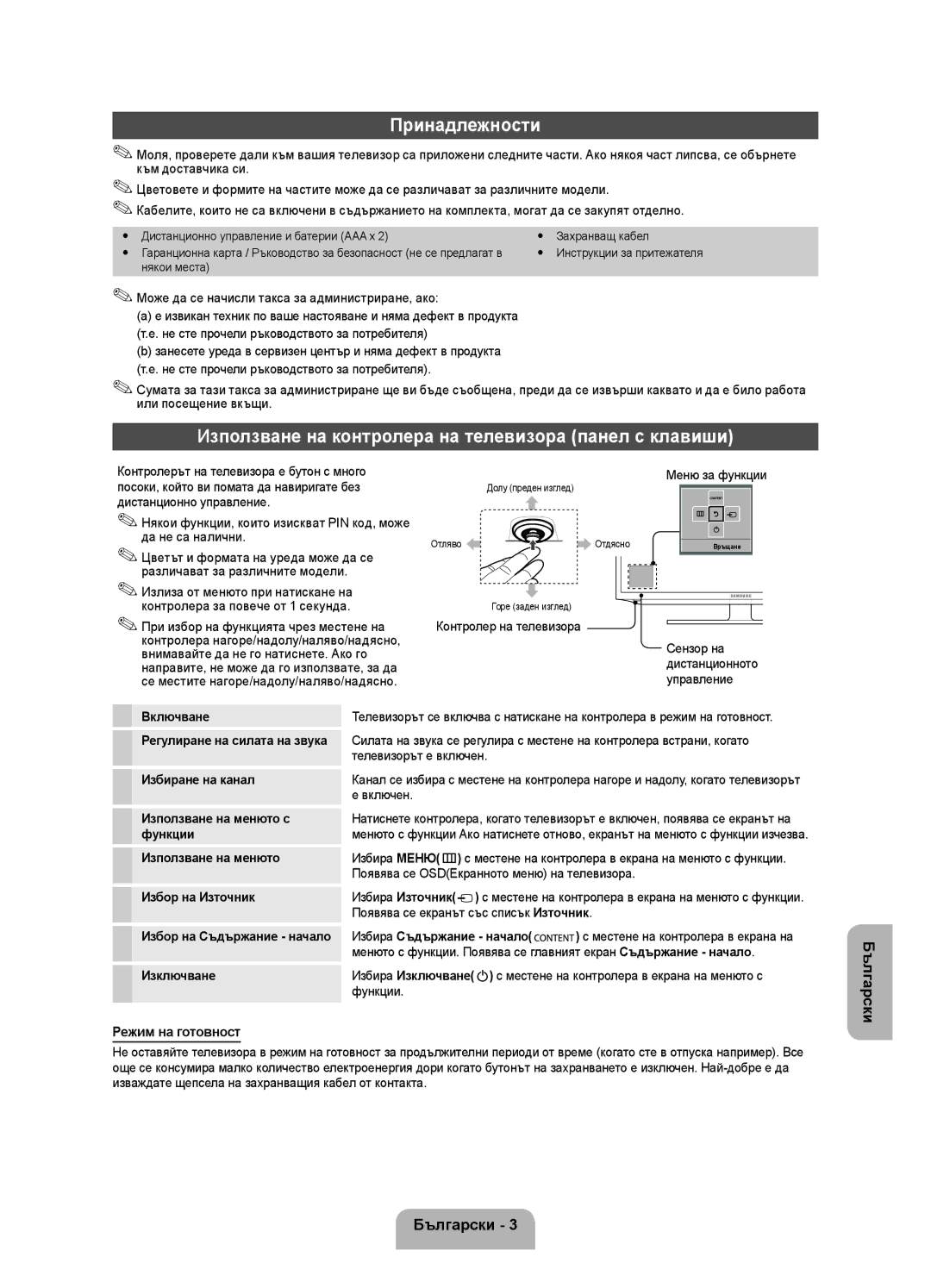 Samsung UE22ES5000WXZG manual Принадлежности, Използване на контролера на телевизора панел с клавиши, Меню за функции 