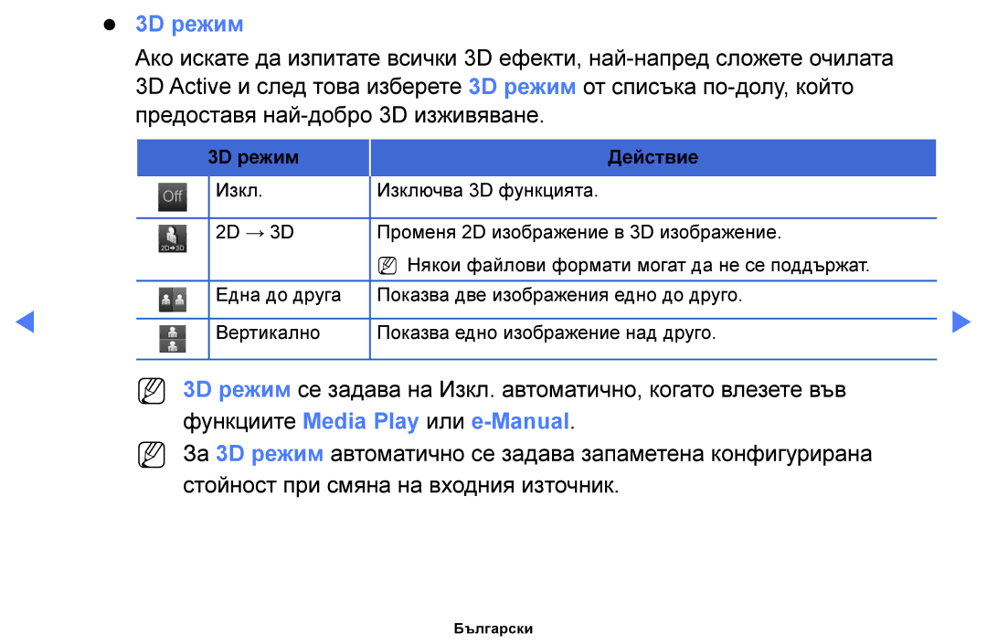 Samsung UE19F4000AWXBT, UE22F5000AWXBT, UE50F6100AWXBT, UE60F6100AWXBT manual 3D режим, Функциите Media Play или e-Manual 