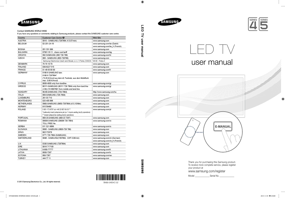 Samsung UE28F4000AWXXH manual Samsung 7267864, € 0.07/min, 02-201-24-18, 051 331, 07001 33 11 , share cost tariff, 261 03 