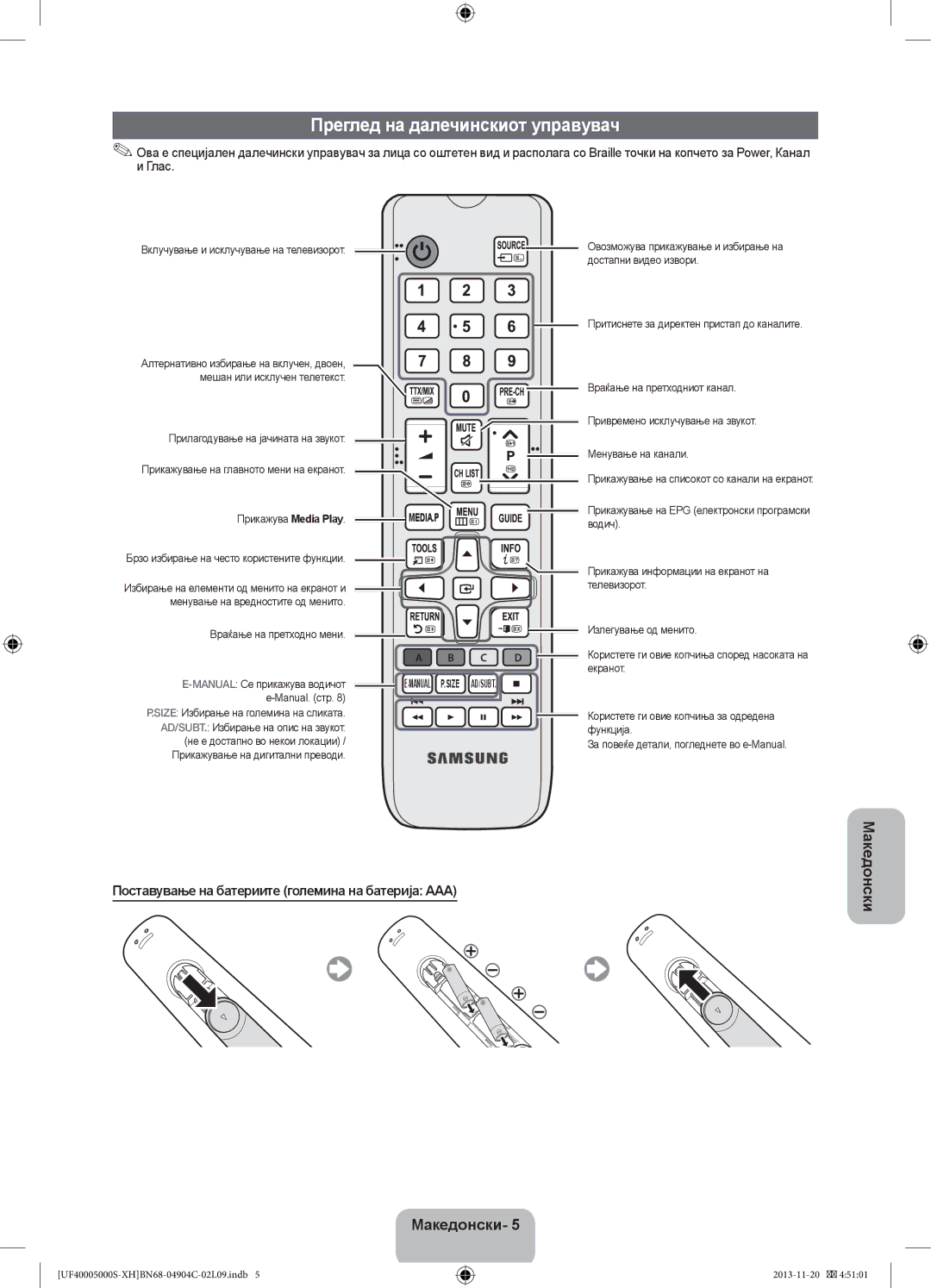 Samsung UE28F4000AWXXH manual Преглед на далечинскиот управувач, Поставување на батериите големина на батерија AAA 