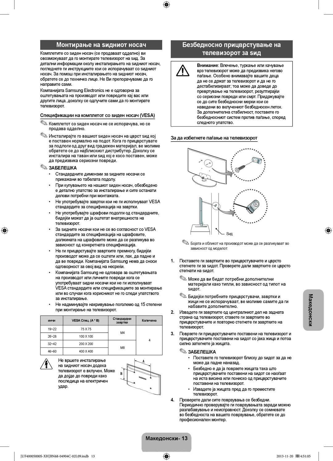 Samsung UE28F4000AWXBT, UE22F5000AWXXH manual Монтирање на ѕидниот носач, Безбедносно прицврстување на Телевизорот за ѕид 