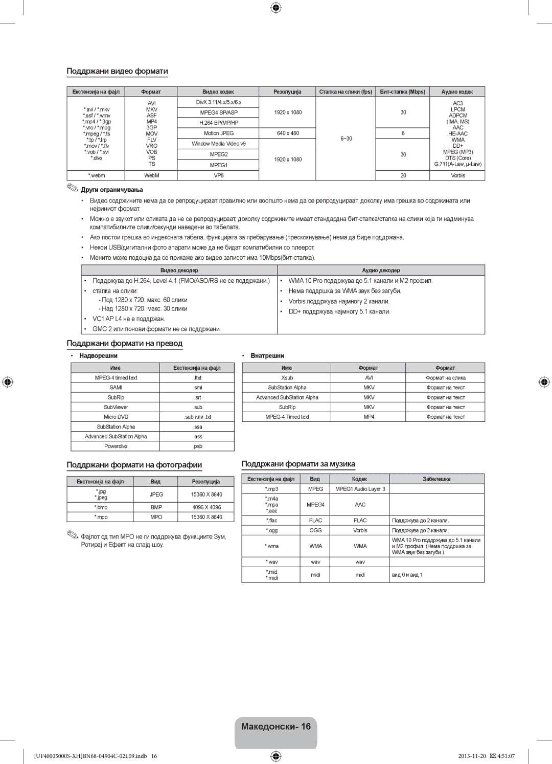 Samsung UE19F4000AWXXH manual Поддржани видео формати, Поддржани формати на превод, Поддржани формати на фотографии 