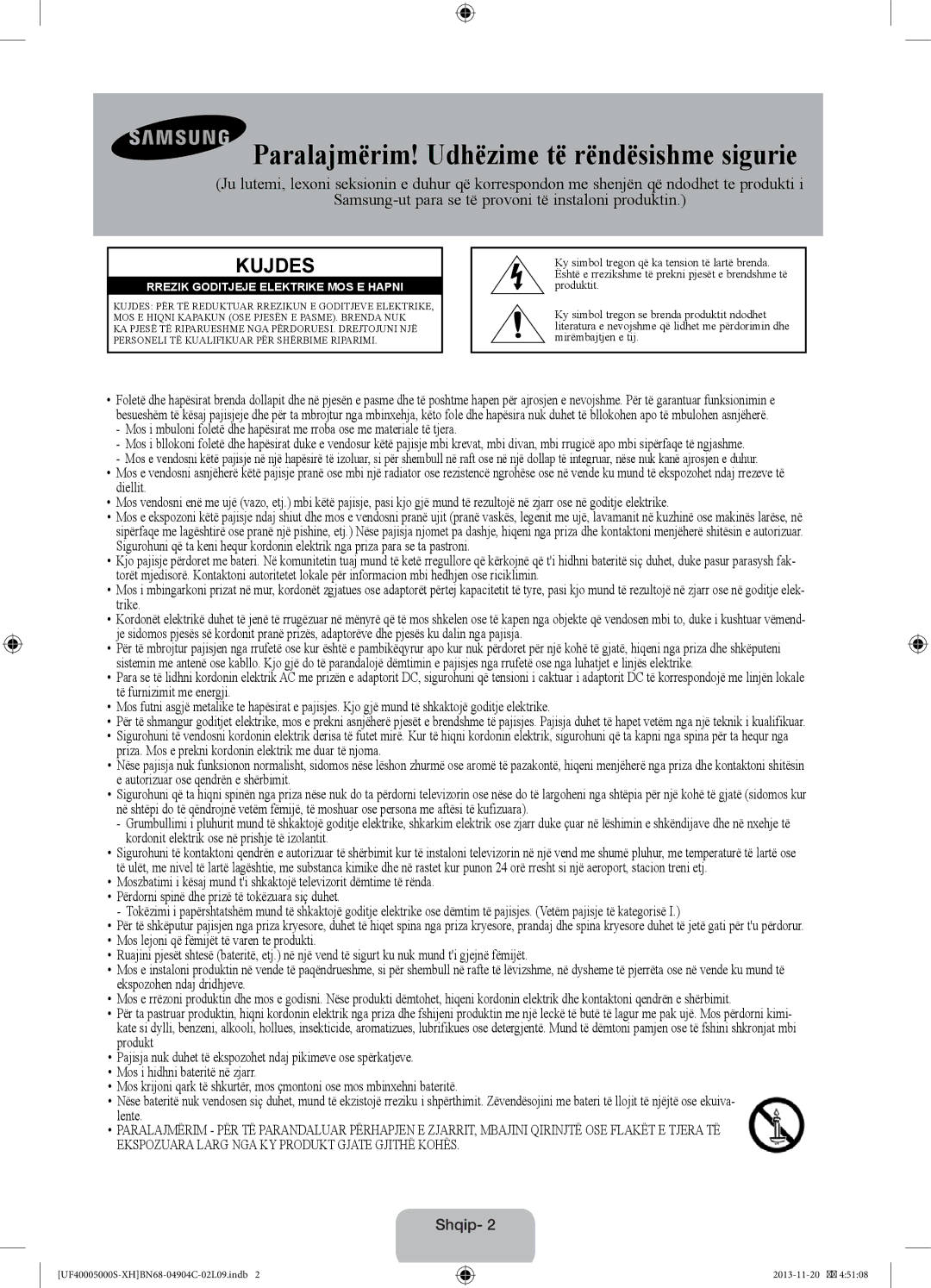 Samsung UE22F5000AWXXC, UE22F5000AWXXH, UE28F4000AWXXH, UE19F4000AWXXH Paralajmërim! Udhëzime të rëndësishme sigurie, Shqip 