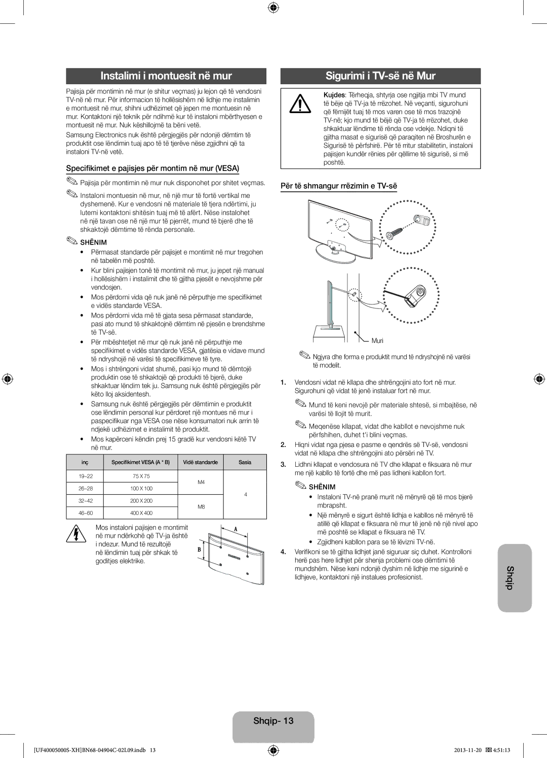 Samsung UE28F4000AWXXC manual Instalimi i montuesit në mur, Sigurimi i TV-së në Mur, Për të shmangur rrëzimin e TV-së 