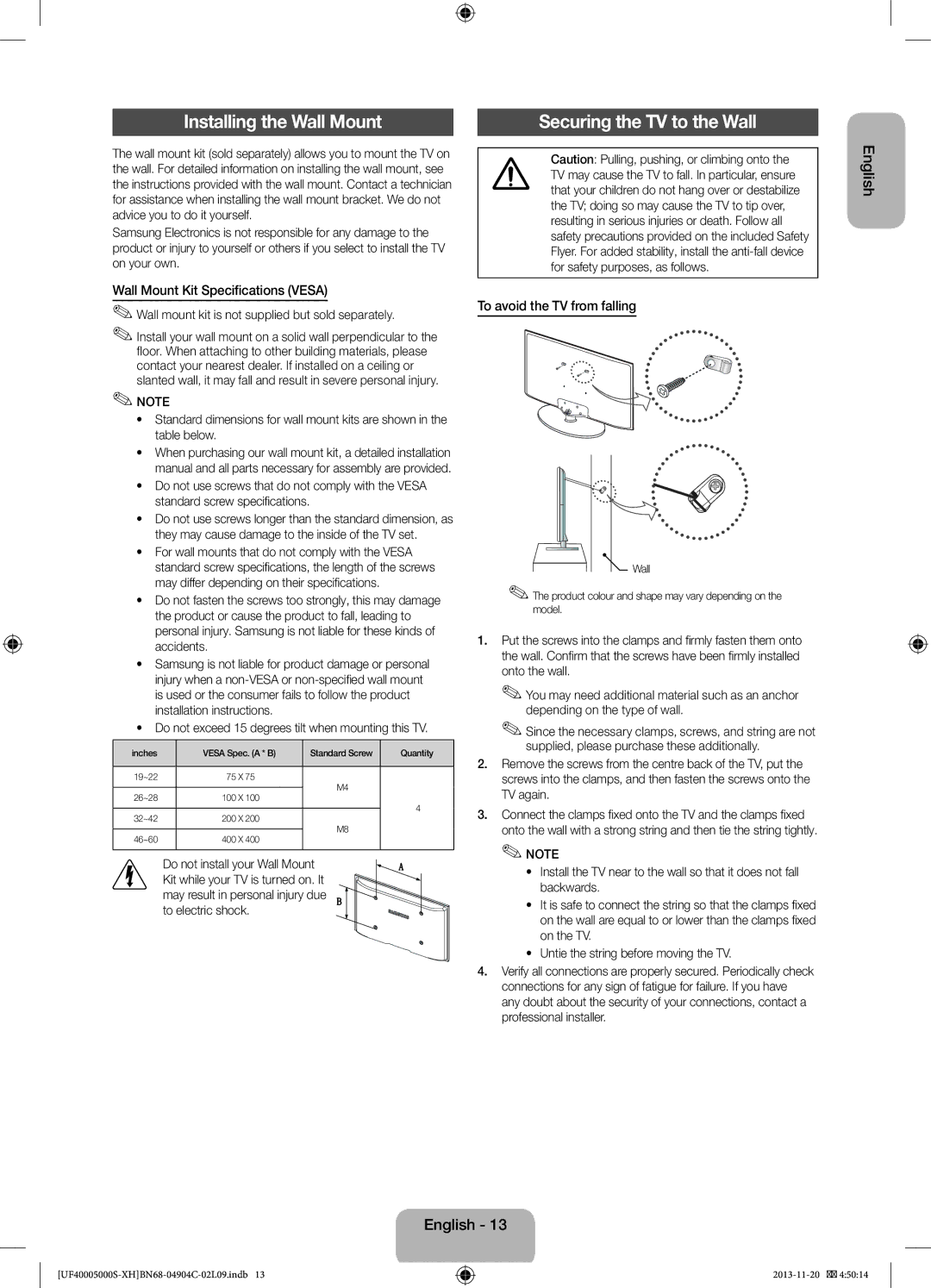 Samsung UE22F5000AWXZF manual Installing the Wall Mount, Wall Mount Kit Specifications Vesa, To avoid the TV from falling 