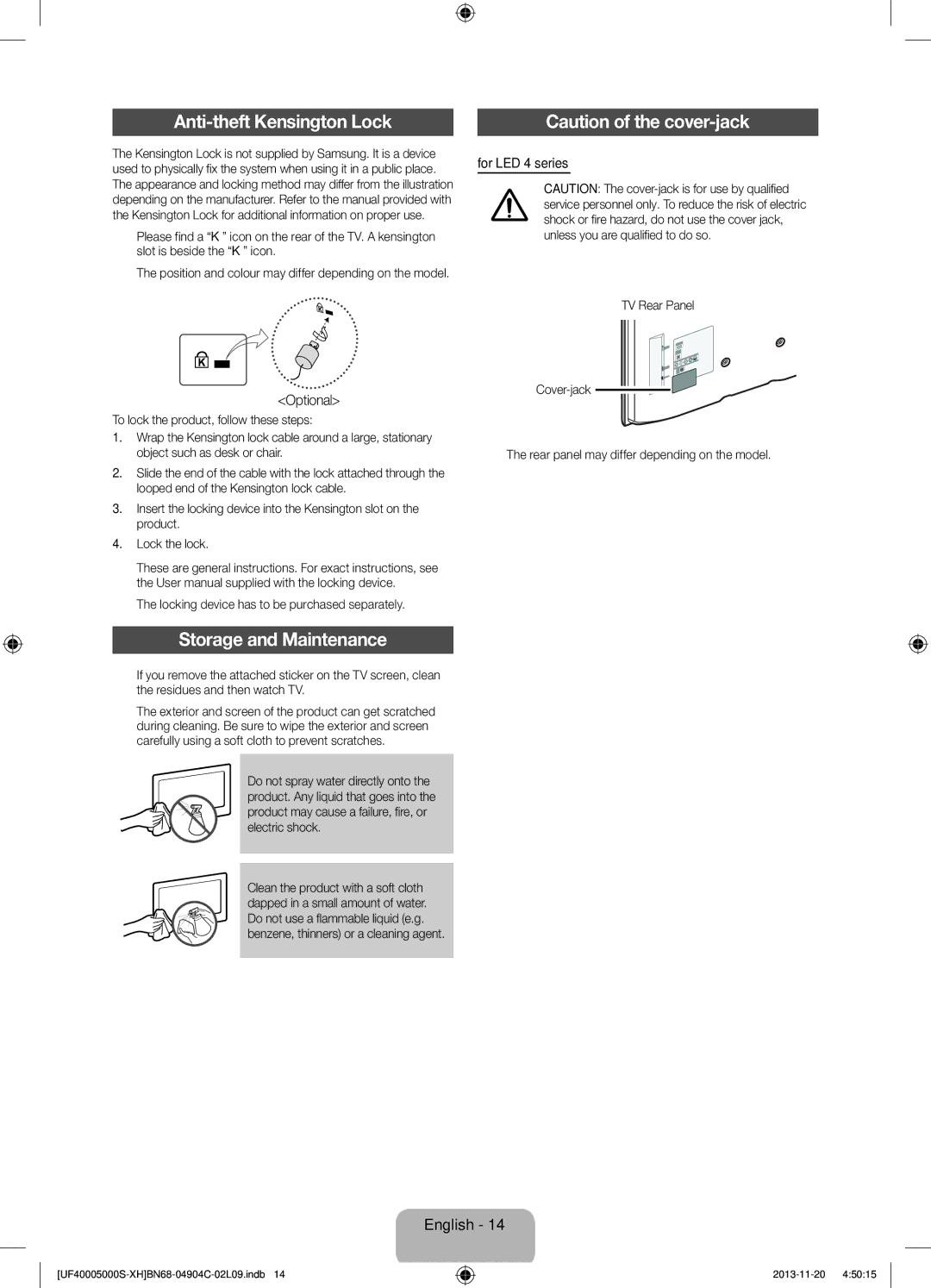 Samsung UE22F5000AWXXC, UE22F5000AWXXH Anti-theft Kensington Lock, Storage and Maintenance, Optional, For LED 4 series 