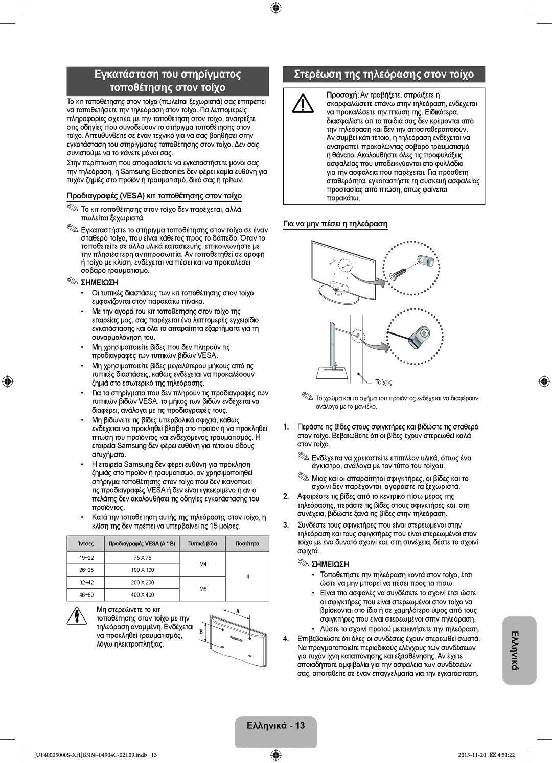 Samsung UE28F4000AWXXH manual Εγκατάσταση του στηρίγματος Τοποθέτησης στον τοίχο, Στερέωση της τηλεόρασης στον τοίχο 