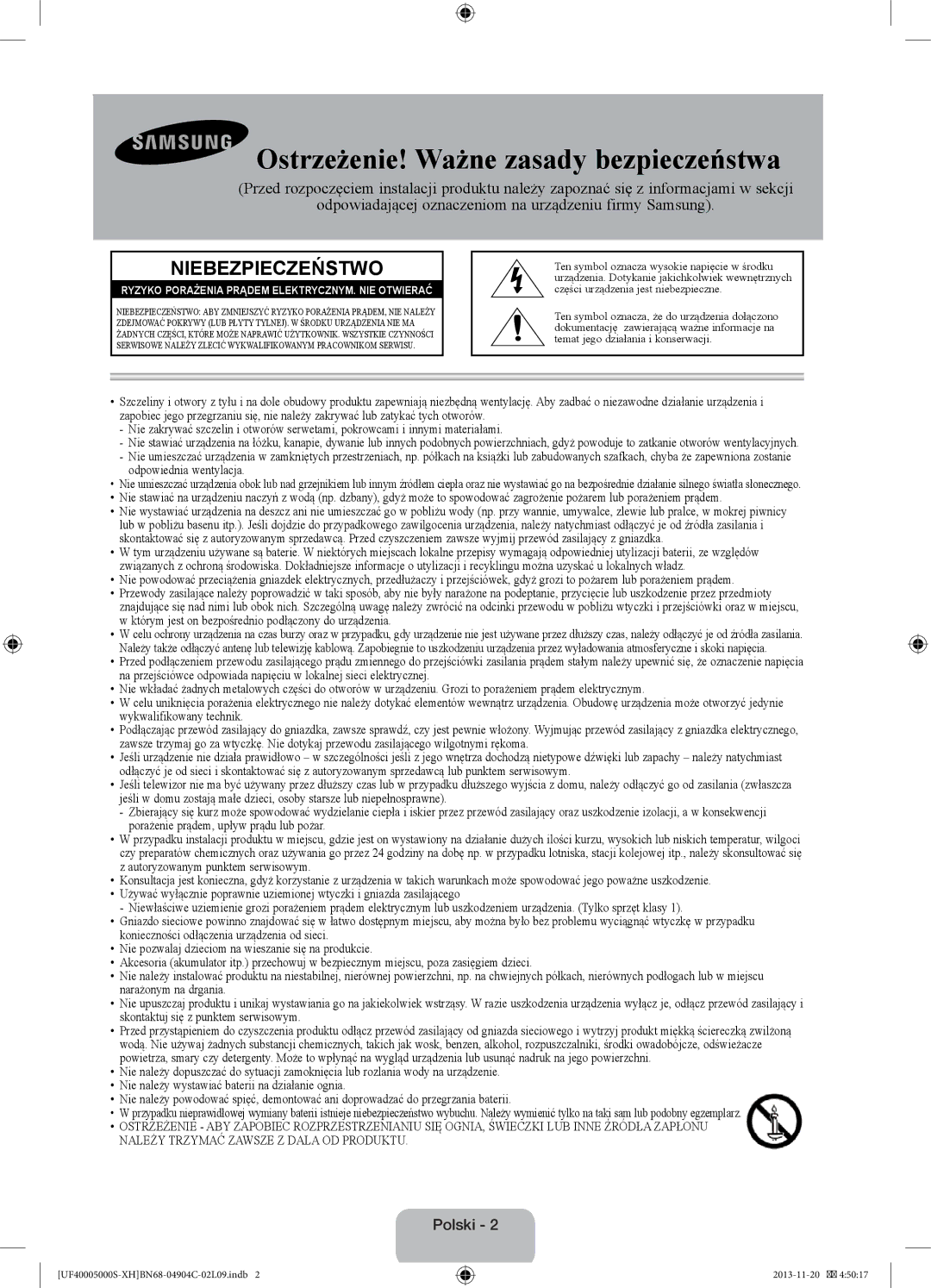 Samsung UE19F4000AWXBT, UE22F5000AWXXH, UE28F4000AWXXH, UE19F4000AWXXH manual Ostrzeżenie! Ważne zasady bezpieczeństwa, Polski 