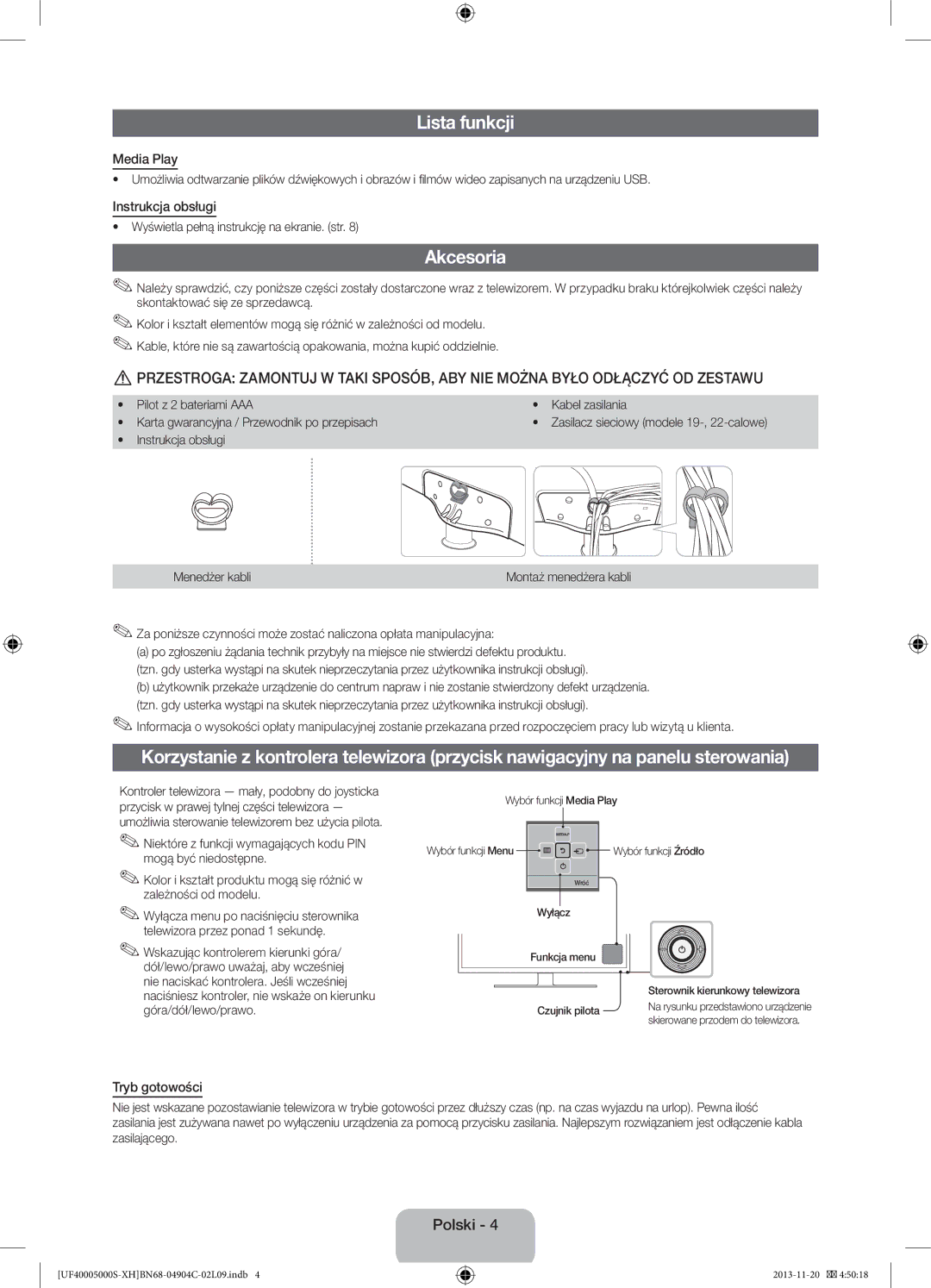 Samsung UE22F5000AWXXH, UE28F4000AWXXH, UE19F4000AWXXH manual Lista funkcji, Akcesoria, Instrukcja obsługi, Tryb gotowości 