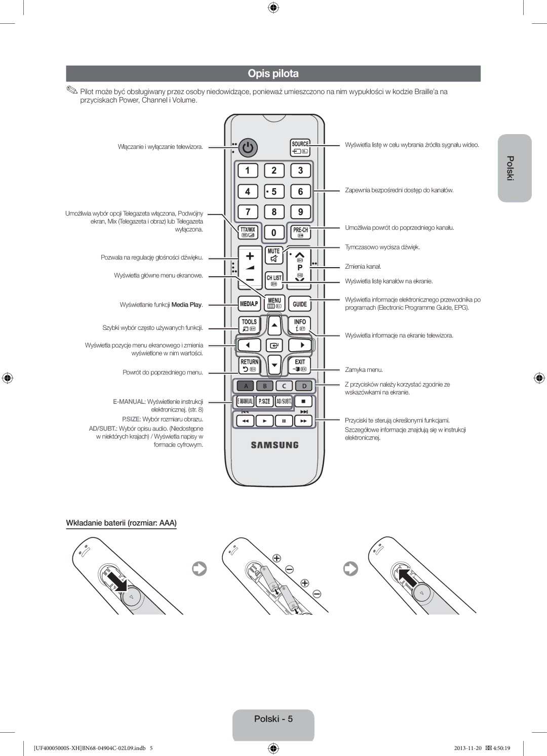 Samsung UE28F4000AWXXH, UE22F5000AWXXH, UE19F4000AWXXH, UE22F5000AWXZF Opis pilota, Polski, Wkładanie baterii rozmiar AAA 