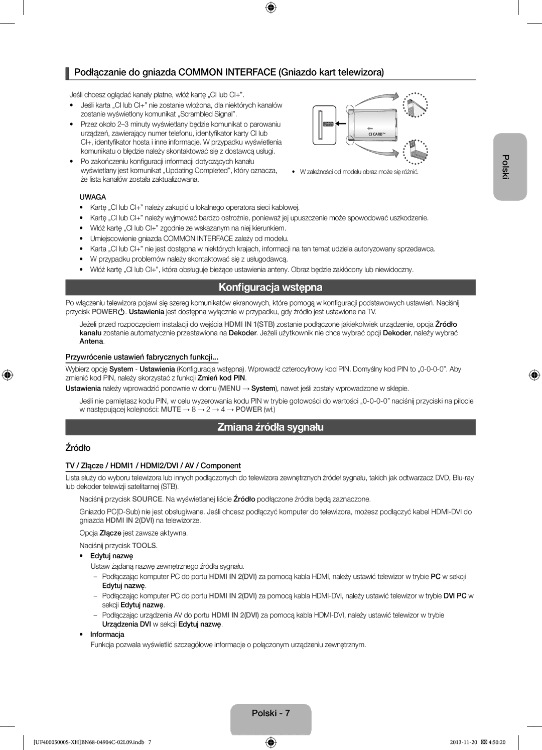 Samsung UE22F5000AWXZF Konfiguracja wstępna, Zmiana źródła sygnału, Źródło, Przywrócenie ustawień fabrycznych funkcji 