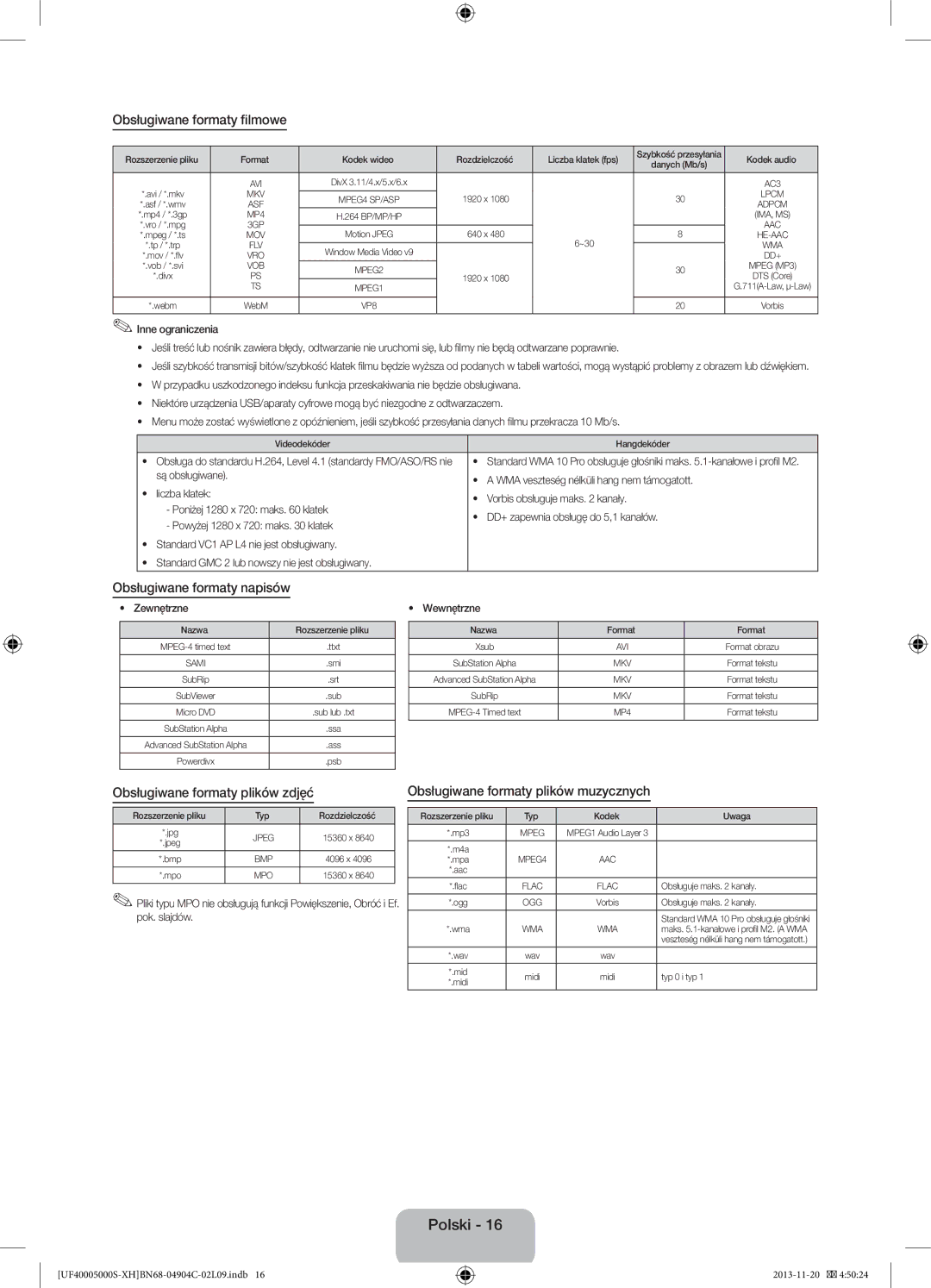 Samsung UE19F4000AWXXH manual Obsługiwane formaty filmowe, Obsługiwane formaty napisów, Obsługiwane formaty plików zdjęć 