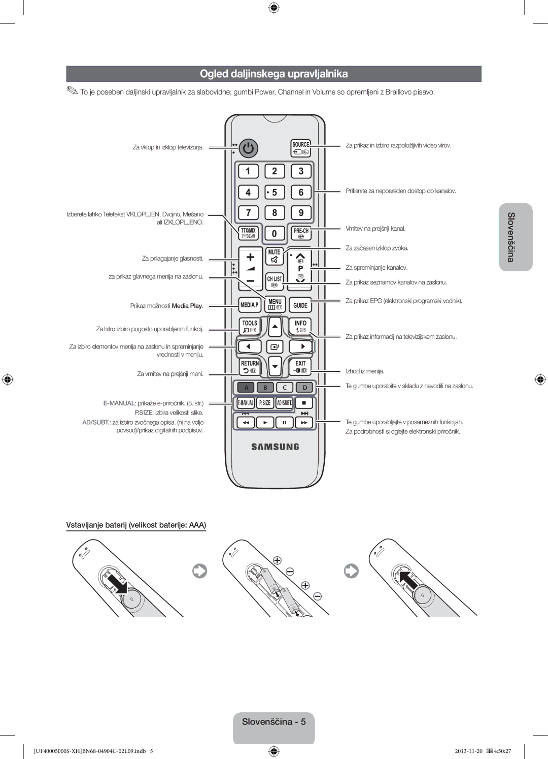 Samsung UE22F5000AWXBT, UE22F5000AWXXH manual Ogled daljinskega upravljalnika, Vstavljanje baterij velikost baterije AAA 