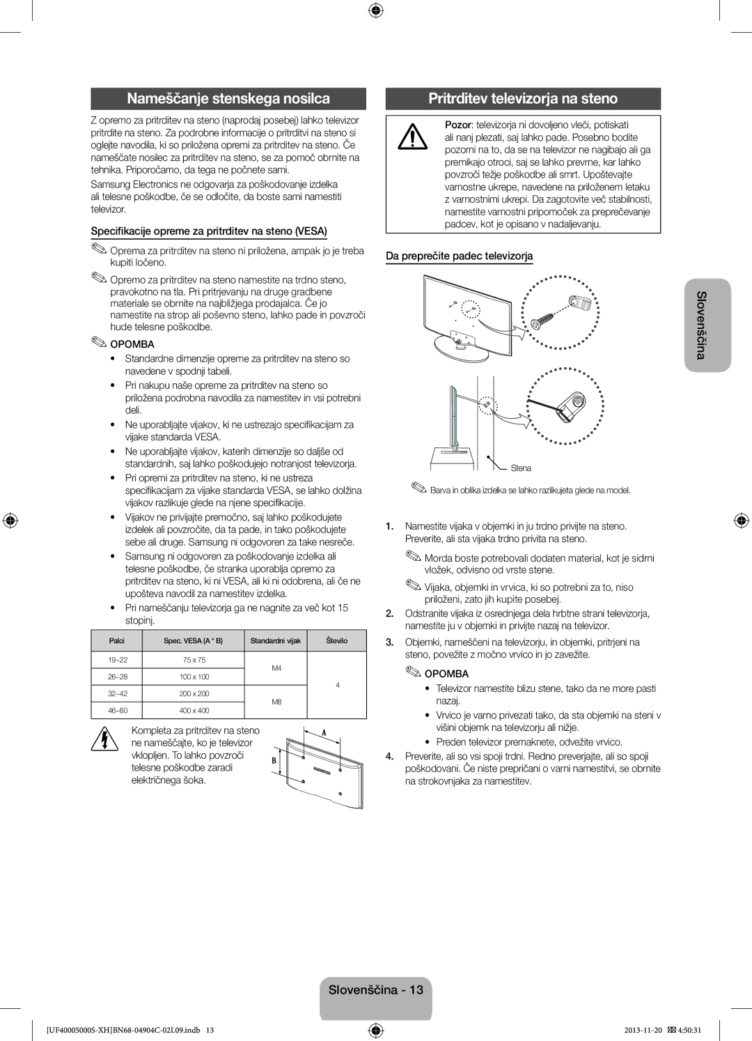 Samsung UE28F4000AWXXC Nameščanje stenskega nosilca, Pritrditev televizorja na steno, Da preprečite padec televizorja 