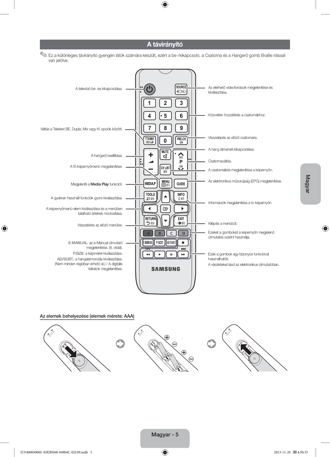 Samsung UE22F5000AWXZF, UE22F5000AWXXH, UE28F4000AWXXH, UE19F4000AWXXH Távirányító, Az elemek behelyezése elemek mérete AAA 