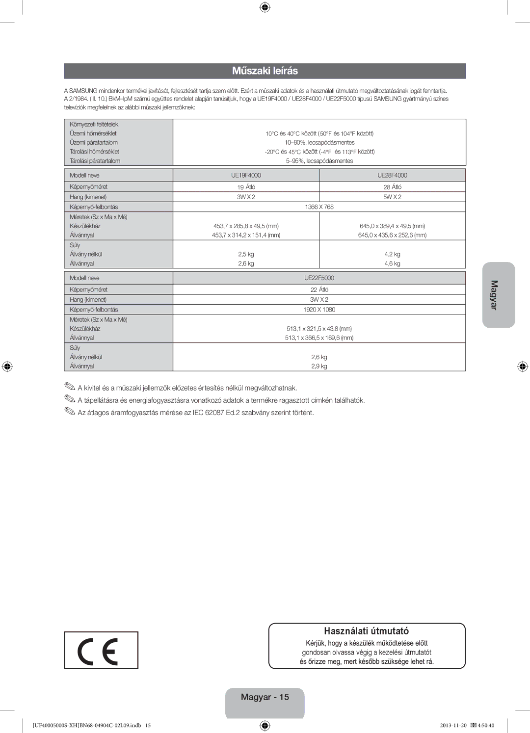 Samsung UE22F5000AWXZF, UE22F5000AWXXH, UE28F4000AWXXH manual Műszaki leírás, Gondosan olvassa végig a kezelési útmutatót 