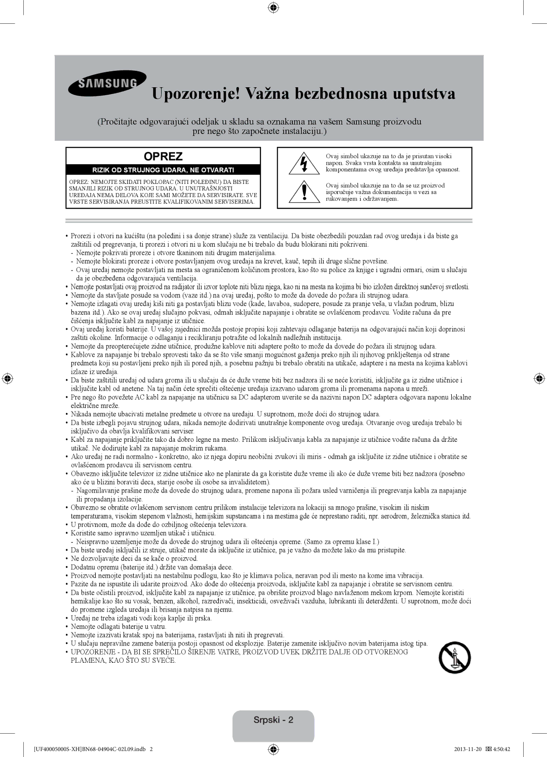 Samsung UE19F4000AWXXC, UE22F5000AWXXH, UE28F4000AWXXH, UE19F4000AWXXH manual Upozorenje! Važna bezbednosna uputstva, Srpski 