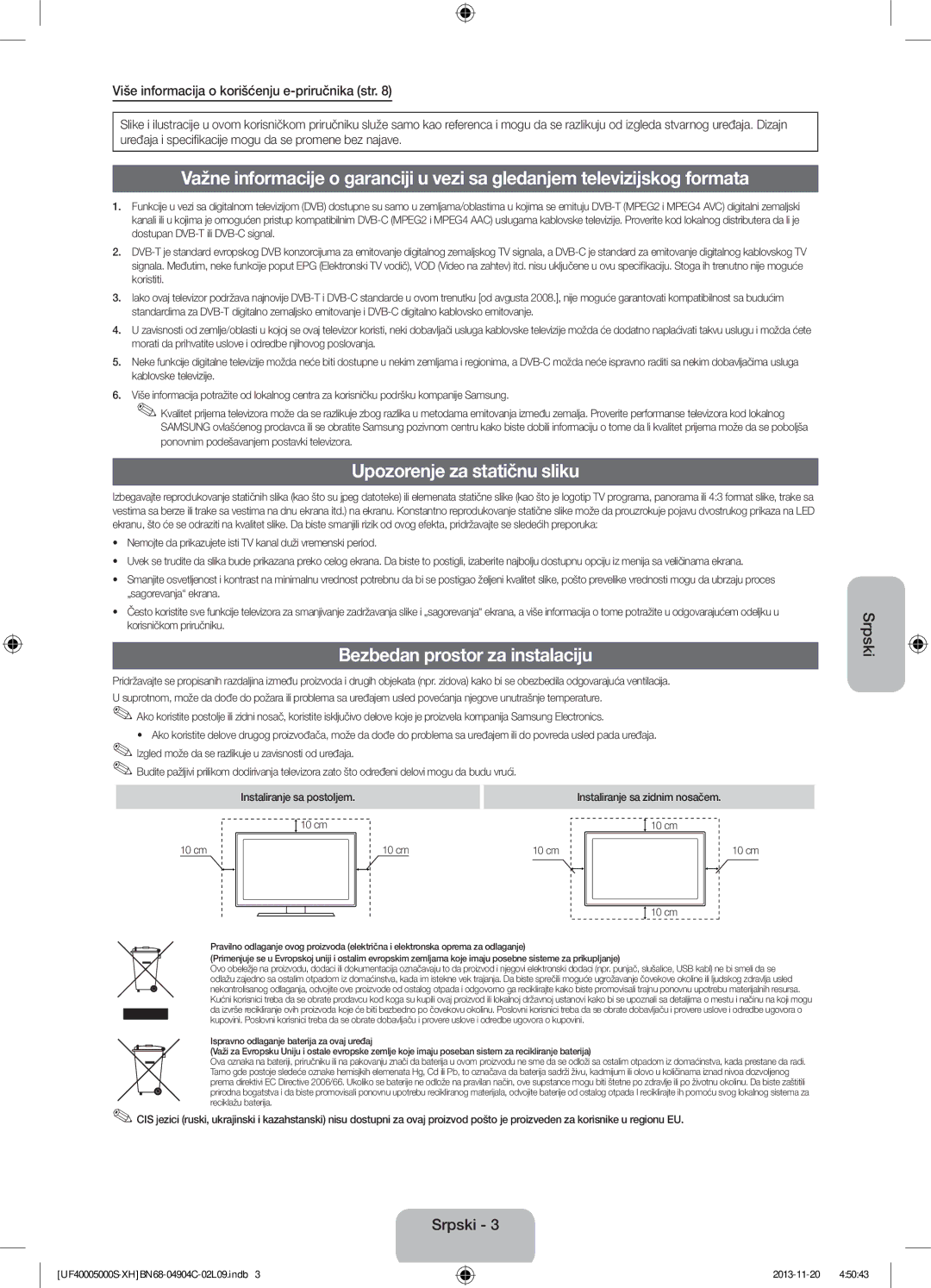 Samsung UE22F5000AWXBT, UE22F5000AWXXH, UE28F4000AWXXH manual Upozorenje za statičnu sliku, Bezbedan prostor za instalaciju 