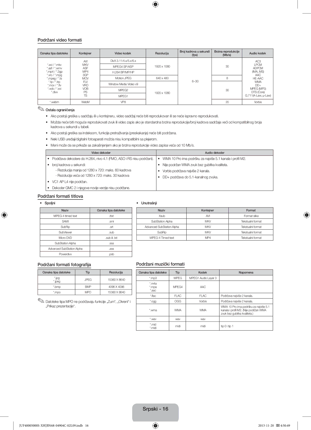 Samsung UE22F5000AWXXH, UE28F4000AWXXH manual Podržani video formati, Podržani formati titlova, Podržani formati fotografija 