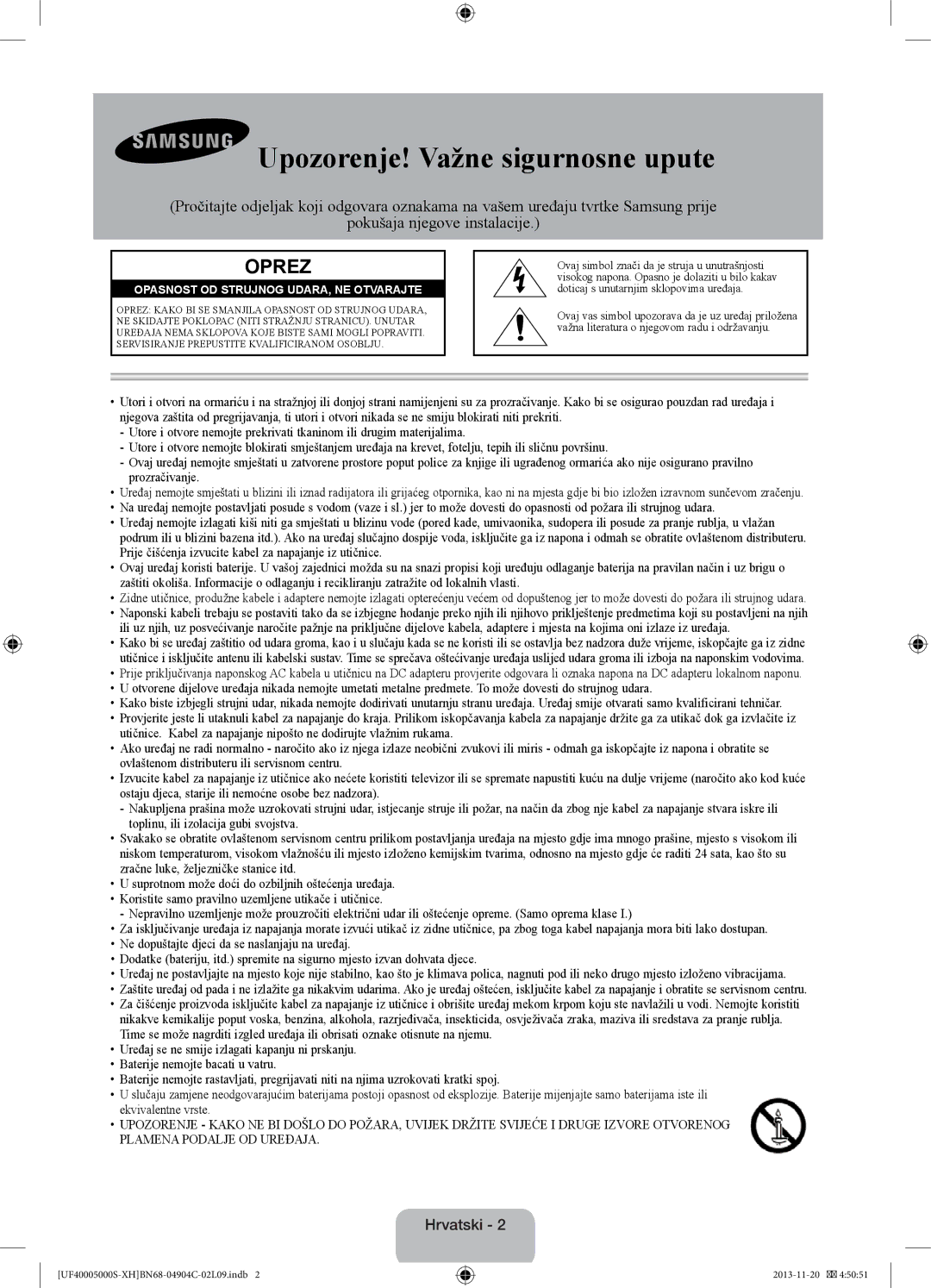 Samsung UE19F4000AWXXH, UE22F5000AWXXH, UE28F4000AWXXH, UE22F5000AWXZF manual Upozorenje! Važne sigurnosne upute, Hrvatski 