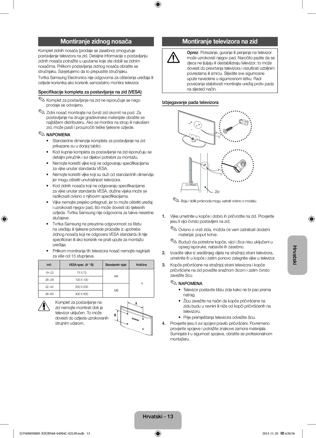 Samsung UE22F5000AWXZF manual Montiranje zidnog nosača, Montiranje televizora na zid, Izbjegavanje pada televizora 