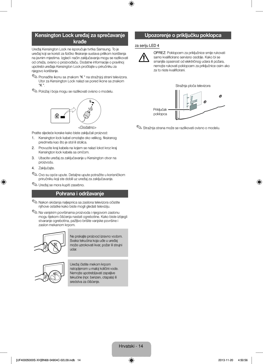 Samsung UE22F5000AWXXC manual Krađe, Upozorenje o priključku poklopca, Pohrana i održavanje, Za seriju LED, Dodatno 