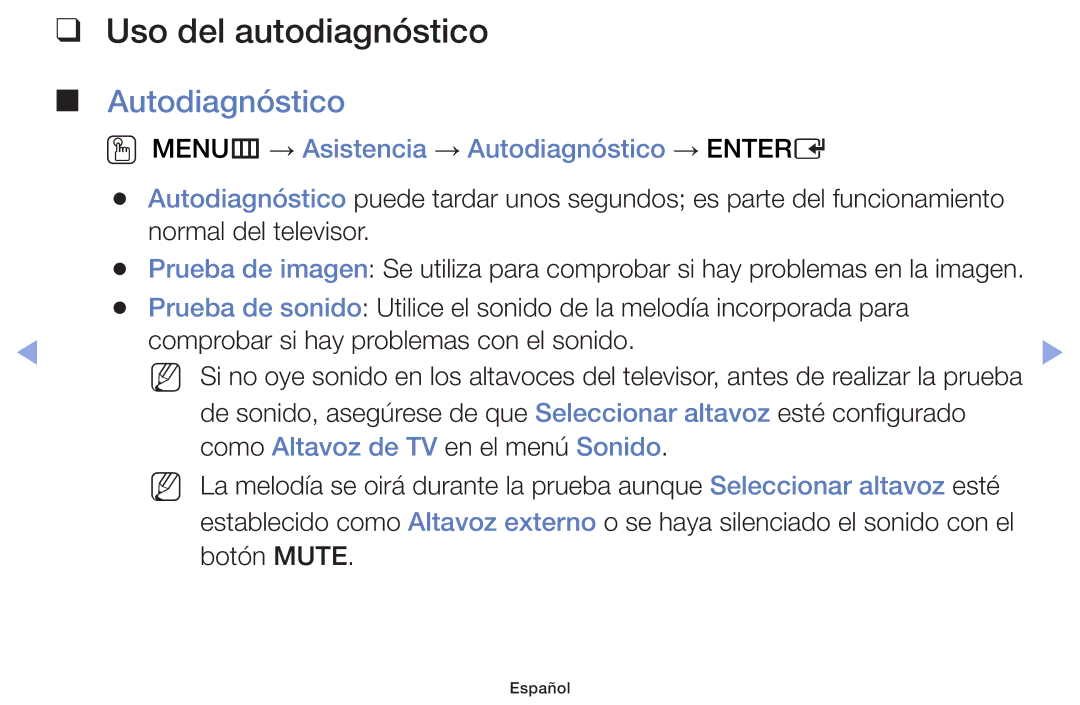 Samsung UE50F6100AWXXC, UE22F5000AWXXH manual Uso del autodiagnóstico, OO MENUm → Asistencia → Autodiagnóstico → Entere 