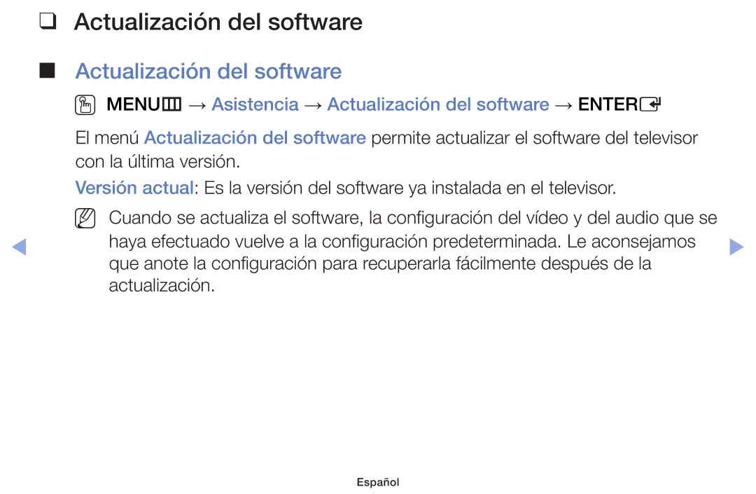 Samsung UE60F6100AWXXC, UE22F5000AWXXH, UE40F6100AWXXC manual OO MENUm → Asistencia → Actualización del software → Entere 