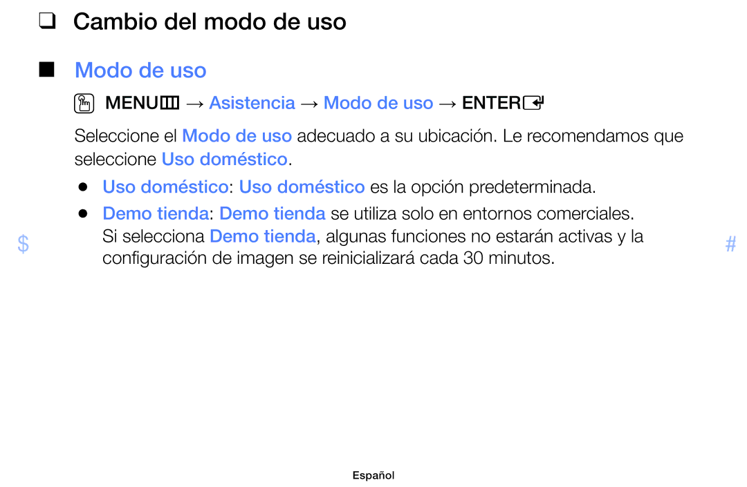 Samsung UE19F4000AWXXC, UE22F5000AWXXH manual Cambio del modo de uso, OO MENUm → Asistencia → Modo de uso → Entere 