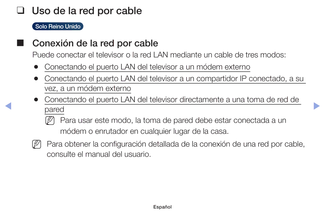 Samsung UE50F6100AWXXC, UE22F5000AWXXH, UE40F6100AWXXC, UE28F4000AWXXH Uso de la red por cable, Conexión de la red por cable 