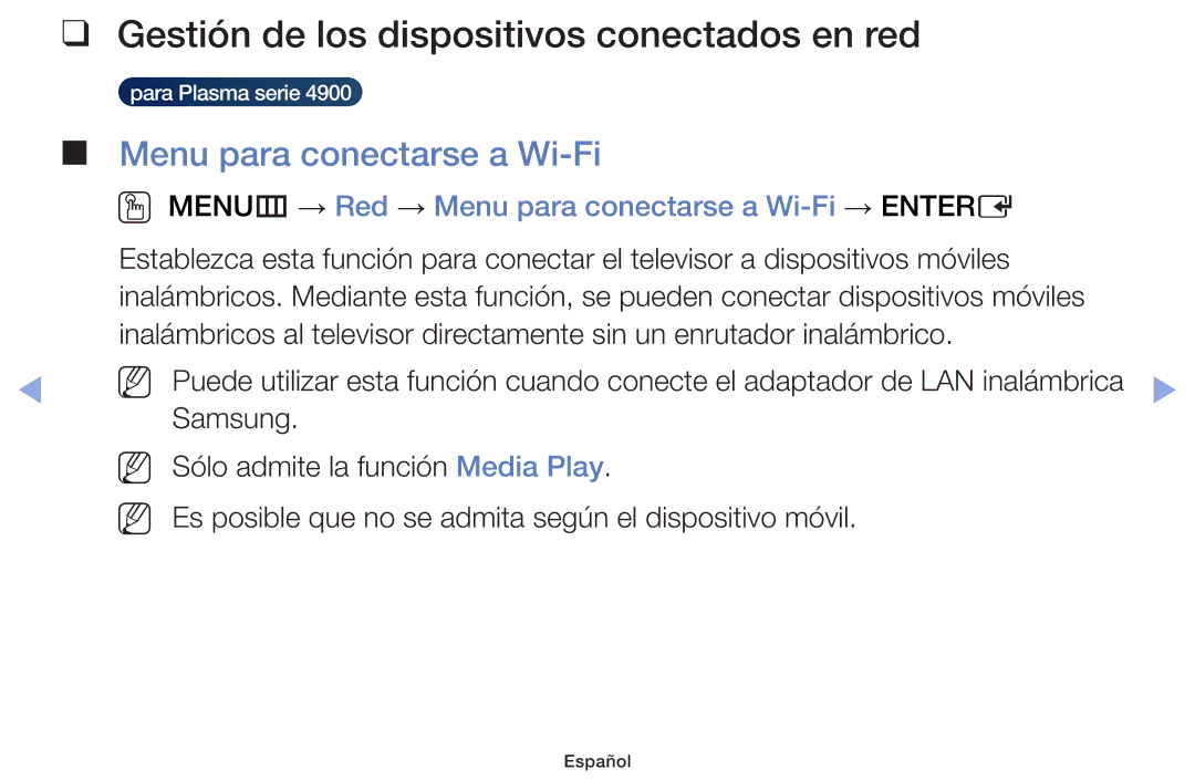 Samsung UE22F5000AWXXH, UE40F6100AWXXC manual Gestión de los dispositivos conectados en red, Menu para conectarse a Wi-Fi 