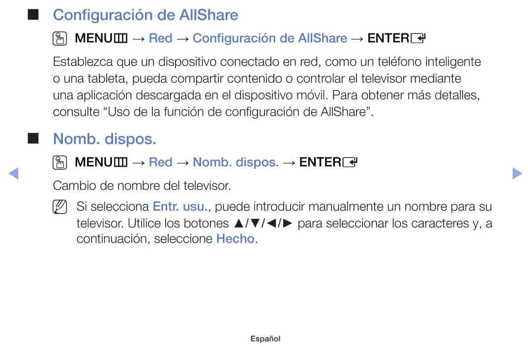 Samsung UE28F4000AWXXH, UE22F5000AWXXH manual Nomb. dispos, OO MENUm → Red → Configuración de AllShare → Entere 