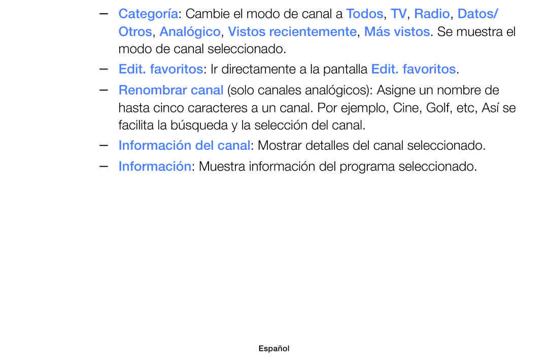 Samsung UE55F6100AWXXH, UE22F5000AWXXH, UE40F6100AWXXC manual Categoría Cambie el modo de canal a Todos, TV, Radio, Datos 