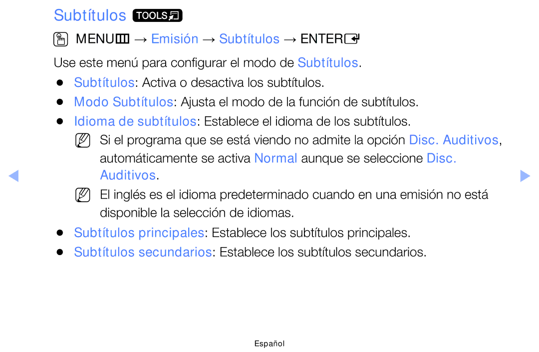 Samsung UE32F6100AWXXC, UE22F5000AWXXH, UE40F6100AWXXC Subtítulos t, OO MENUm → Emisión → Subtítulos → Entere, Auditivos 