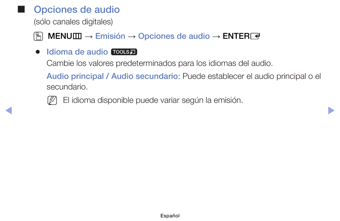 Samsung UE22F5000AWXXH, UE40F6100AWXXC, UE28F4000AWXXH, UE55F6100AWXXH, UE22F5000AWXXC, UE46F6100AWXXC manual Opciones de audio 