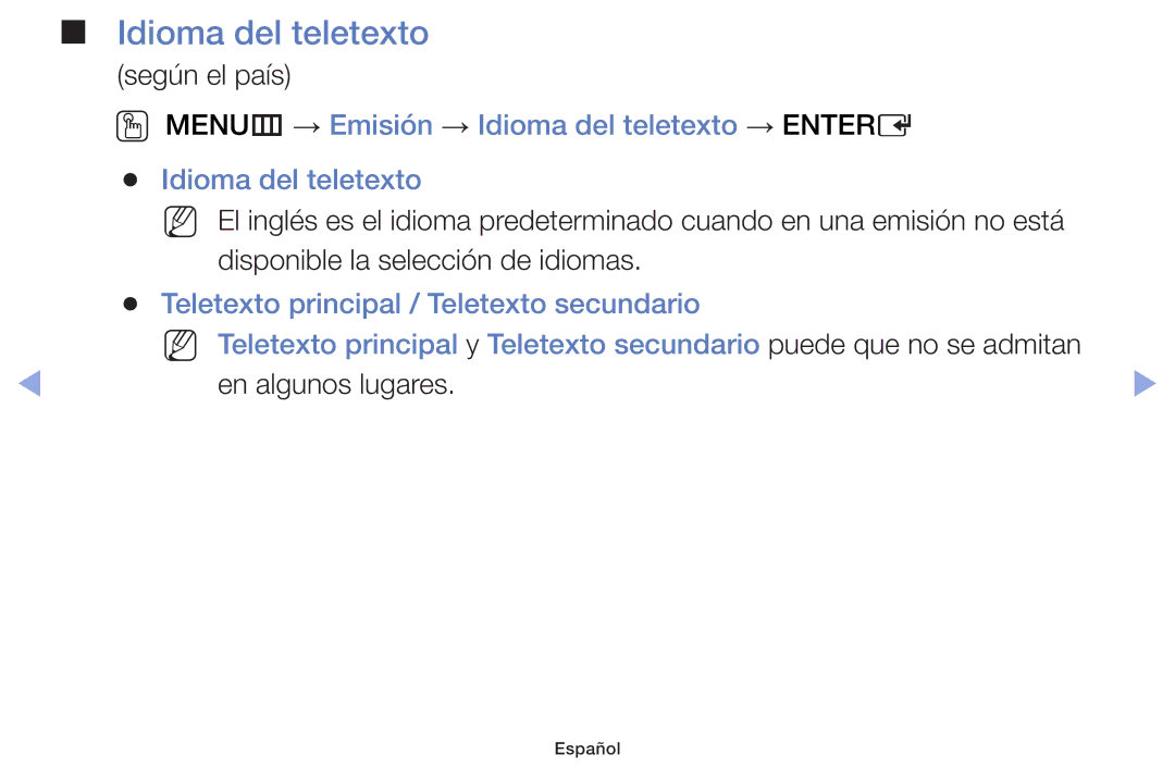 Samsung UE28F4000AWXXH, UE22F5000AWXXH, UE40F6100AWXXC manual OO MENUm → Emisión → Idioma del teletexto → Entere 