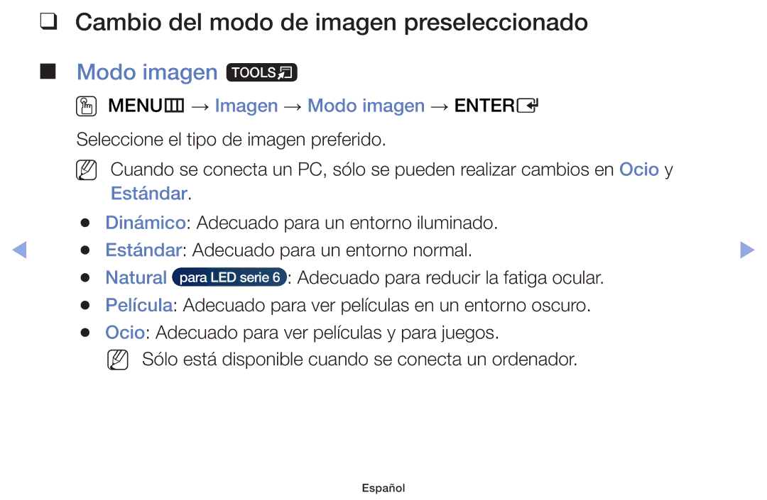 Samsung UE55F6170SSXXH Cambio del modo de imagen preseleccionado Modo imagen t, OO MENUm → Imagen → Modo imagen → Entere 