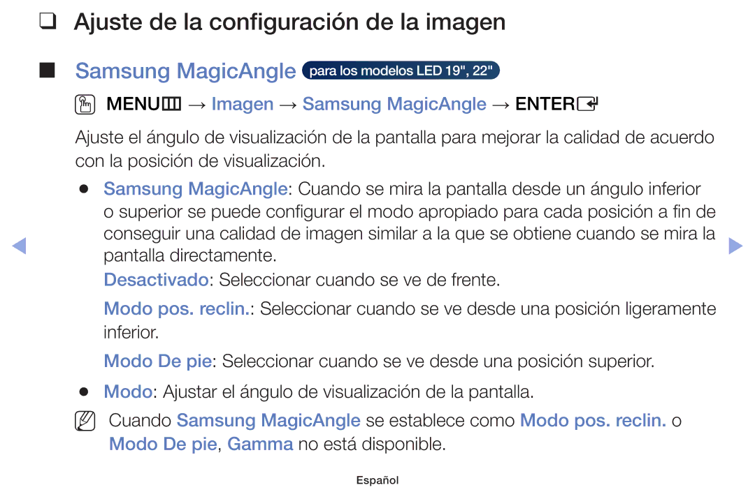 Samsung UE50F6100AWXXC manual Ajuste de la configuración de la imagen, OO MENUm → Imagen → Samsung MagicAngle → Entere 