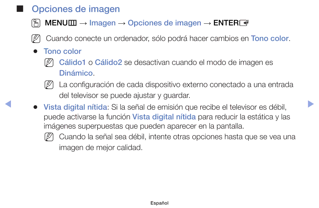 Samsung UE46F6100AWXXC, UE22F5000AWXXH manual OO MENUm → Imagen → Opciones de imagen → Entere, Tono color, Dinámico 