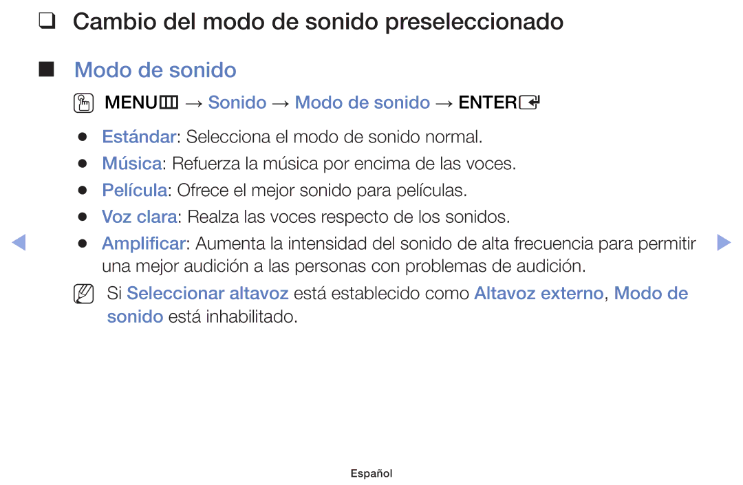 Samsung UE19F4000AWXXC, UE22F5000AWXXH, UE40F6100AWXXC manual Cambio del modo de sonido preseleccionado, Modo de sonido 