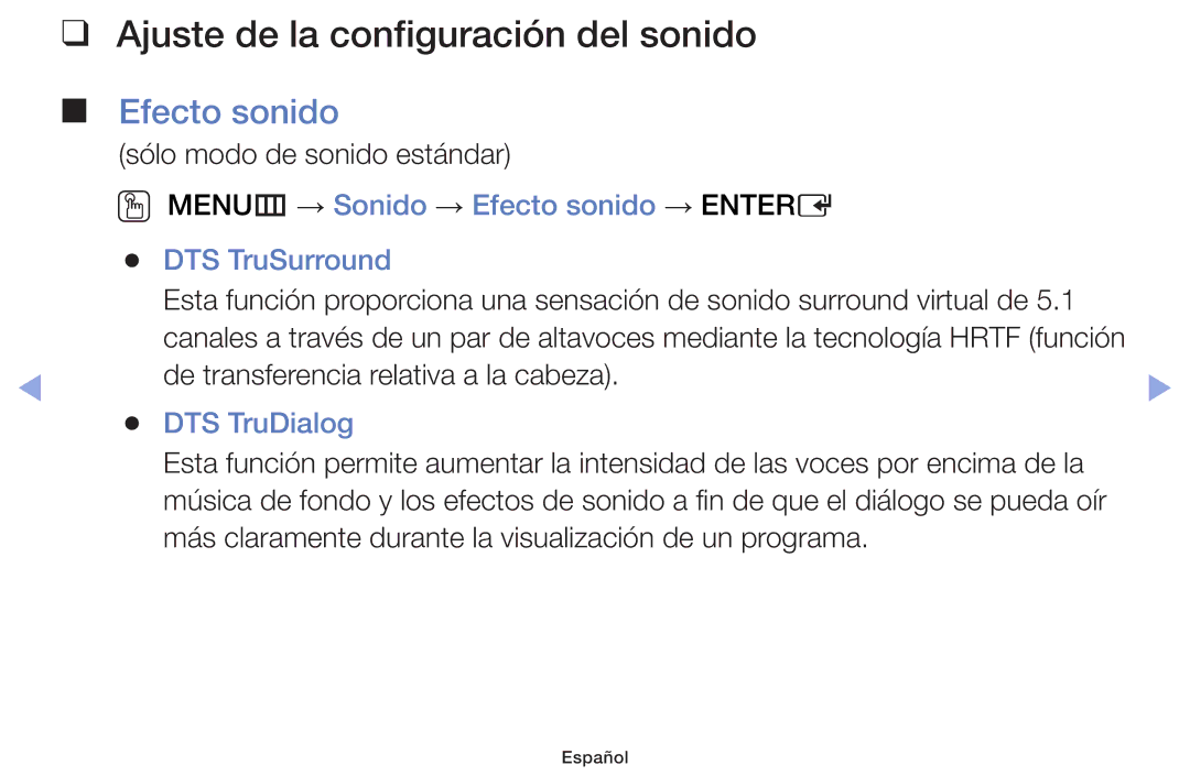 Samsung UE60F6100AWXXH, UE22F5000AWXXH, UE40F6100AWXXC Ajuste de la configuración del sonido, Efecto sonido, DTS TruDialog 