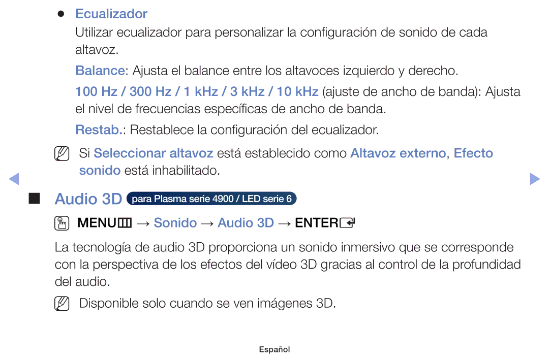 Samsung UE32F6100AWXXC, UE22F5000AWXXH, UE40F6100AWXXC manual Ecualizador, OO MENUm → Sonido → Audio 3D → Entere 