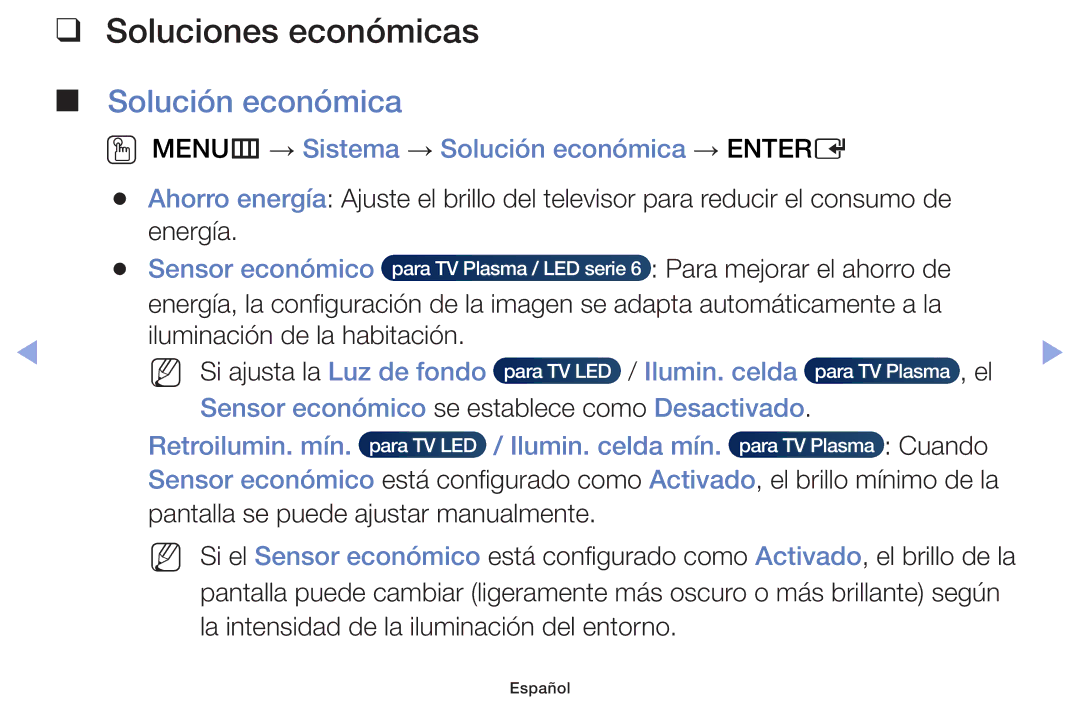 Samsung UE40F6100AWXXC manual Soluciones económicas, OO MENUm → Sistema → Solución económica → Entere, Sensor económico 