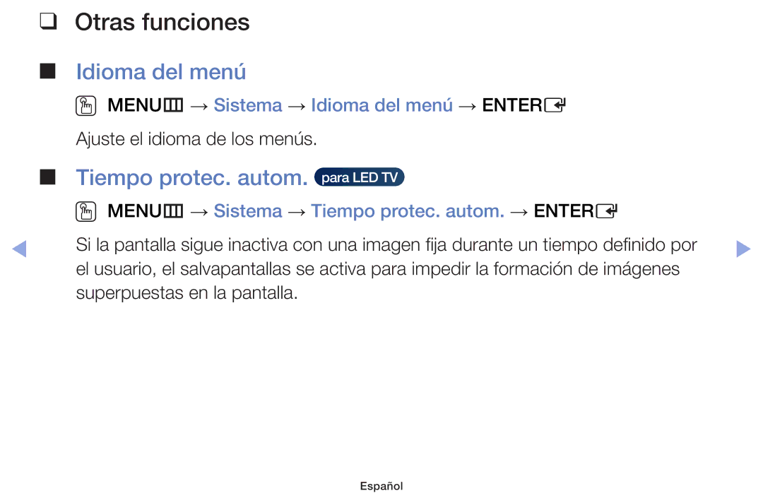 Samsung UE55F6100AWXXH, UE22F5000AWXXH manual Tiempo protec. autom, OO MENUm → Sistema → Idioma del menú → Entere 