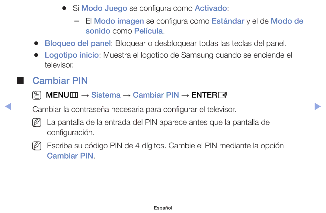 Samsung UE46F6170SSXXH, UE22F5000AWXXH, UE40F6100AWXXC, UE28F4000AWXXH manual OO MENUm → Sistema → Cambiar PIN → Entere 