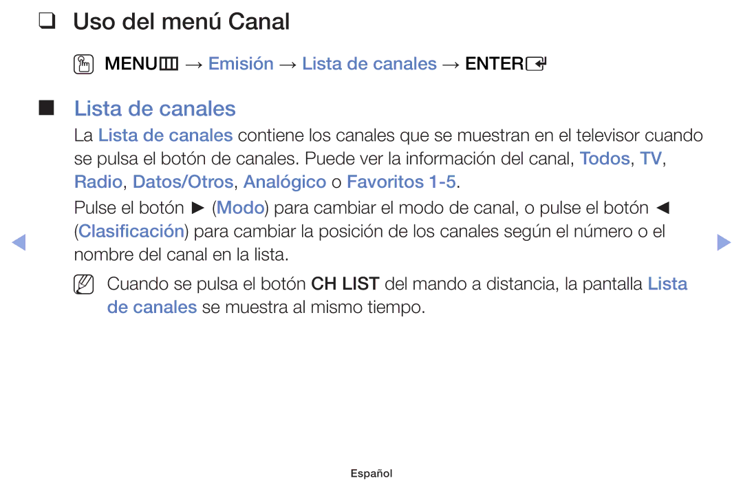 Samsung UE46F6170SSXXH, UE22F5000AWXXH manual Uso del menú Canal, OO MENUm → Emisión → Lista de canales → Entere 